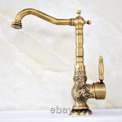 Antique Brass Carved Flower Bathroom Kitchen Sink Swivel Faucet Mixer Tap ysf128