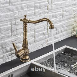 Antique Brass Carved Flower Pattern Kitchen Sink Faucet Swivel Mixer Tap msf128