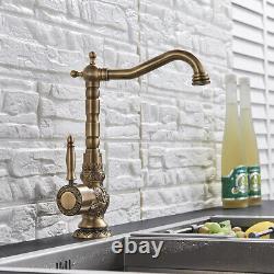 Antique Brass Flower Carved 360°Swivel Spout Kitchen Sink Basin Faucet Mixer Tap