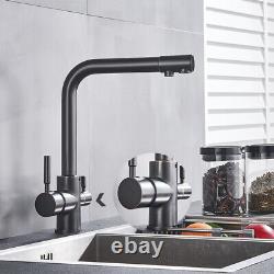 Black 3 Way Double Handle Kitchen Mixer Sink Tap Pure Water Spout Filter Faucet