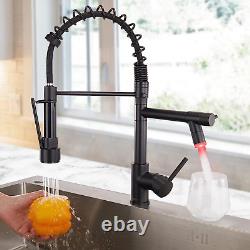 Black LED Kitchen Mixer Taps, Pull Out Sink Tap, Commercial Spring Two Spouts