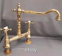 Brass Deck Mounted Kitchen Mixer Taps, Refurbished Bare Polished Brass