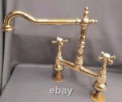 Brass Deck Mounted Kitchen Mixer Taps, Refurbished Bare Polished Brass