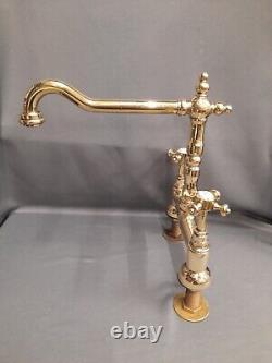 Brass Deck Mounted Kitchen Mixer Taps, Refurbished Bare Polished Brass