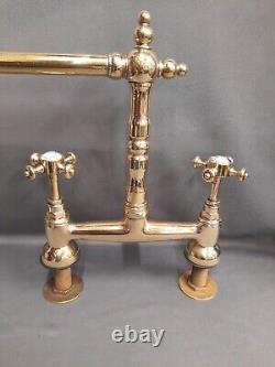 Brass Deck Mounted Kitchen Mixer Taps, Refurbished Bare Polished Brass