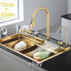 Brushed Gold Single Bowl Kitchen Sink Integrated Tap with Pull-Out Mixer Tap Set