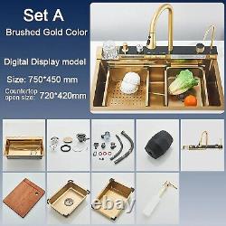 Brushed Gold Single Bowl Kitchen Sink Integrated Tap with Pull-Out Mixer Tap Set