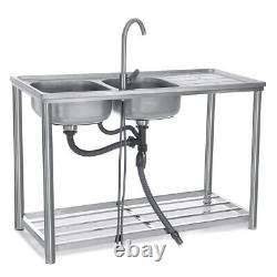 Catering Sink Commercial Kitchen Stainless Steel Double Bowl Drainer Unit & Tap