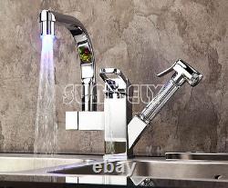 Chrome Kitchen Sink LED Basin Bathroom Faucet Pull Out Spray Swivel Taps