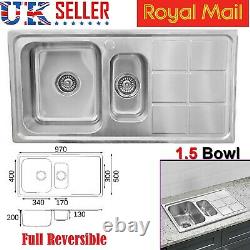 Double 1.5 BOWL STAINLESS STEEL KITCHEN SINK & DRAINER PLUMBING & WASTE KIT NEW