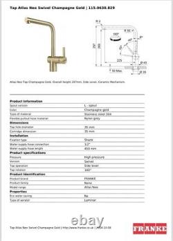 Franke Atlas Monobloc Kitchen Tap Atlas Gold RRP £400