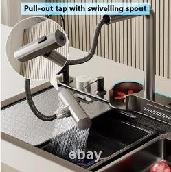 Grey Kitchen Sink Stainless Steel Waterfall Multifunctional Tap Faucet Basin UK