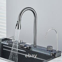 Grey Waterfall Tap kitchen sink Set Single Large Bowl s/steel cup glass washer