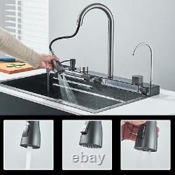 Grey Waterfall Tap kitchen sink Set Single Large Bowl s/steel cup glass washer