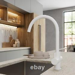 Kitchen Mixer Tap Twin Lever Modern Mono Curved Swivel Swan Spout Matt White