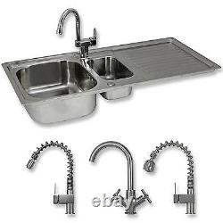 Pull Down Mixer Tap 1.5 Bowl Stainless Steel Kitchen Sink Reversible Drainer 