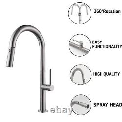 Kitchen Sink Mixer Taps Pull Out Spray Head Single Lever Mimossa Silver Faucet