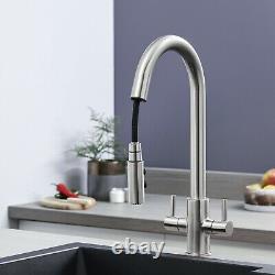 Liquida W04BN Swan Neck Twin Lever Pull Out Spray Brushed Nickel Kitchen Tap