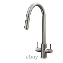 Liquida W04BN Swan Neck Twin Lever Pull Out Spray Brushed Nickel Kitchen Tap