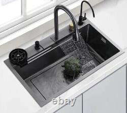 Nano Black Waterfall Tap kitchen sink Single Large Bowl s/steel cup glass washer