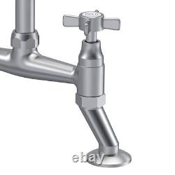 Nuie Bridge Kitchen Sink Mixer Tap Brushed Nickel Crosshead Handle Curved Spout