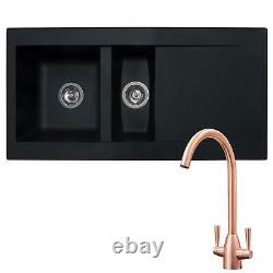 SIA 1.5 Bowl Black Composite Reversible Inset Kitchen Sink & KT5CU Copper Tap