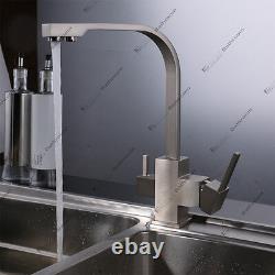 Square Brushed Nickel 3 Way Dual Faucet Kitchen Sink Mixer Tap Pure Water Filter