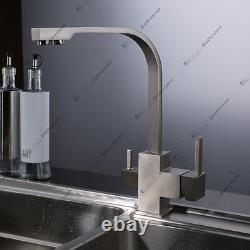 Square Brushed Nickel 3 Way Dual Faucet Kitchen Sink Mixer Tap Pure Water Filter