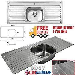 Stainless Steel Double Drainer 1 Bowl Inset Kitchen Sink 1 Tap Hole 1310 x 500mm