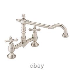 Traditional Bridge Kitchen Sink Mixer Tap Crosshead Design Brushed Steel Nickel