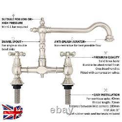 Traditional Bridge Kitchen Sink Mixer Tap Crosshead Design Brushed Steel Nickel