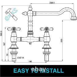 Traditional Bridge Kitchen Sink Mixer Tap Crosshead Design Brushed Steel Nickel