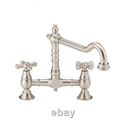 Traditional Bridge Kitchen Sink Mixer Tap Crosshead Design Brushed Steel Nickel