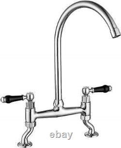 Traditional Kitchen Sink Bridge Mixer Tap Dual Black Handle 2 Hole Deck Mount T