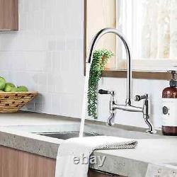 Traditional Kitchen Sink Bridge Mixer Tap Dual Black Handle 2 Hole Deck Mount T