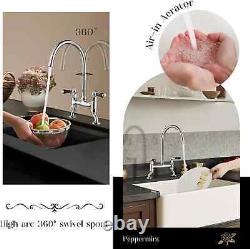 Traditional Kitchen Sink Bridge Mixer Tap Dual Black Handle 2 Hole Deck Mount T