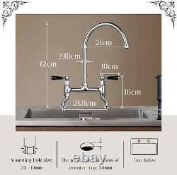 Traditional Kitchen Sink Bridge Mixer Tap Dual Black Handle 2 Hole Deck Mount T