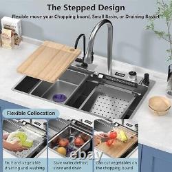 Undermount Multifunction Kitchen Sink With Pullout Faucet Set Gray Waterfall Tap