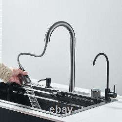 Undermount Multifunction Kitchen Sink With Pullout Faucet Set Gray Waterfall Tap