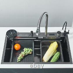 Undermount Multifunction Kitchen Sink With Pullout Faucet Set Gray Waterfall Tap